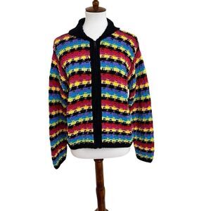 Marisa Christina Knitted by Hand Black Rainbow Full Zip Sweater Cardigan Large